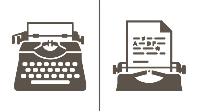 Two vintage typewriter icons displayed side by side in a minimalist flat design style.