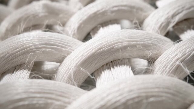 Macro close-up of woven textile braid bending and interlocking across a white fabric surface in soft motion
