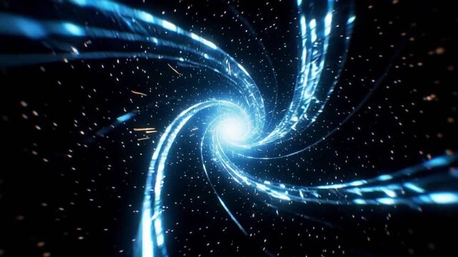 Swirling blue light tunnel spiraling through a star field and transforming into a glowing clock portal