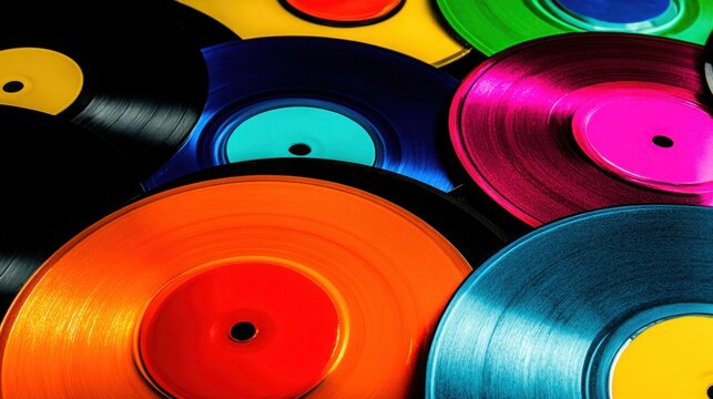 Brightly colored vinyl records arranged in overlapping pattern on black background, retro music concept, vivid contrast, hyper realistic textures
