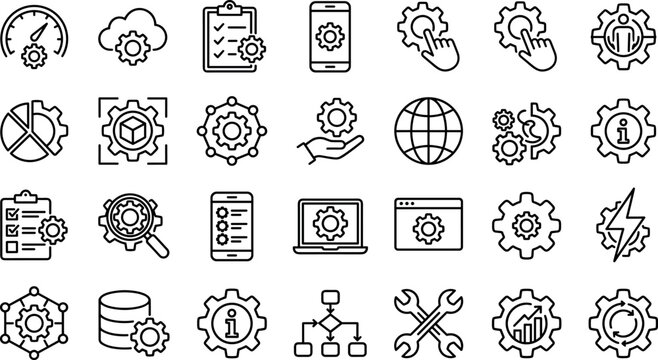 System Settings and Technical Preferences Line Icon Set with Cogwheels and Gears for Web Development, App Interface, and Configuration Menus