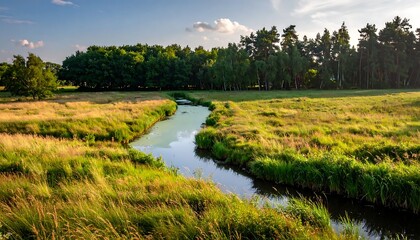 Obraz premium Serene river winding through lush green meadow.