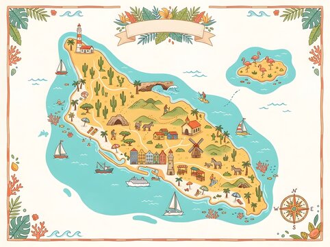 Illustrated Tropical Aruba Map with Vacation Landmarks and Coastal Scenery