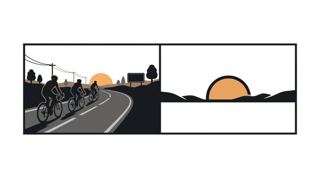 A split screen illustration featuring a group of cyclists on a road and a minimalist sunset landscape.