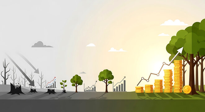 Growth illustration depicting trees and financial charts on a gradient background