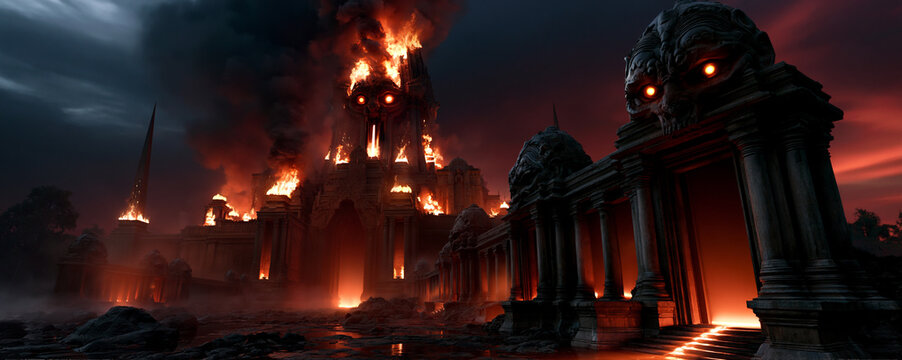 gigantic burning ancient temple in apocalyptic hellscape, infernal ancient temple engulfed in flames, epic ruined temple in hellish apocalyptic fire scene