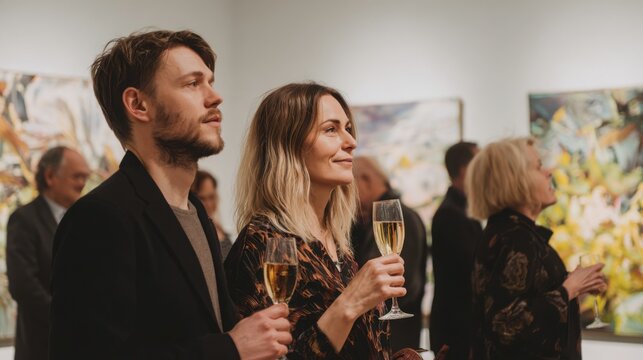 Guests holding glasses of sparkling water while viewing contemporary paintings during gallery opening event, sophisticated atmosphere, modern culture