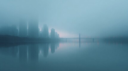 Naklejka premium Misty Cityscape With Bridge And Reflections In Blue Haze