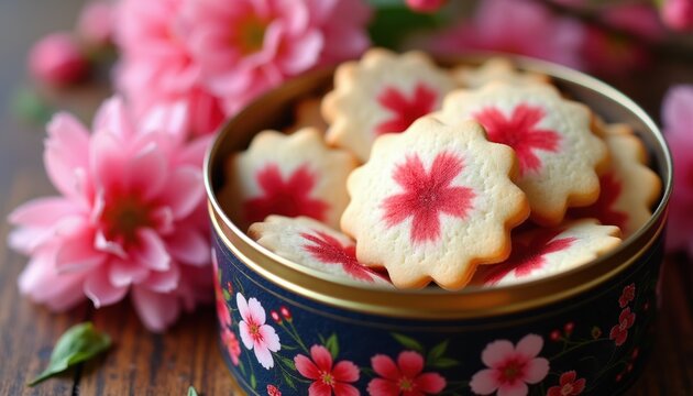Flower decorated cookies sit in a tin with spring blooms. Sweet treats evoke cherry blossom season. Baked goods offer delightful edible art. Perfect for spring celebrations or gifts.