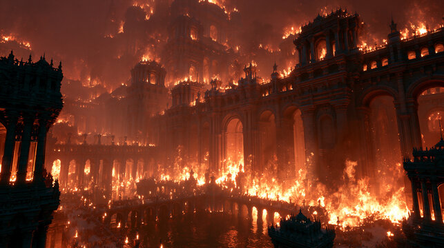 gigantic burning ancient temple in apocalyptic hellscape, infernal ancient temple engulfed in flames, epic ruined temple in hellish apocalyptic fire scene