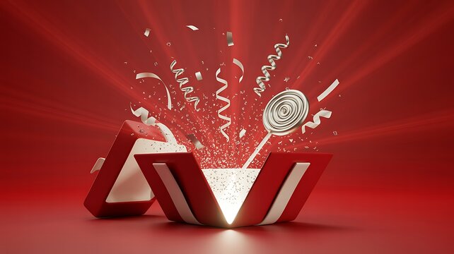 A red gift box opens with confetti and streamers exploding out in celebration.