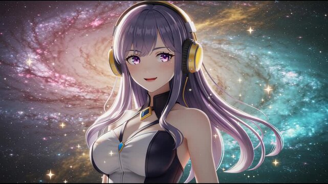 Anime Girl with Purple Hair Wearing Yellow Headphones Against a Starry Galaxy Background