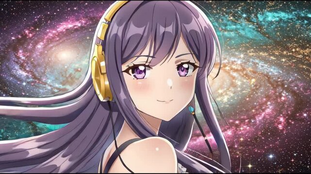Anime Girl with Purple Hair Wearing Yellow Headphones Against a Starry Galaxy Background