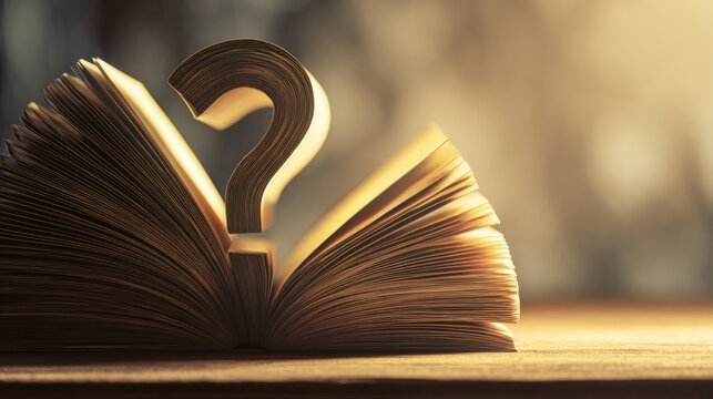 Open books arranged into elegant question mark shape on wooden table, warm sunlight, education and learning concept, ultra realistic textures, large