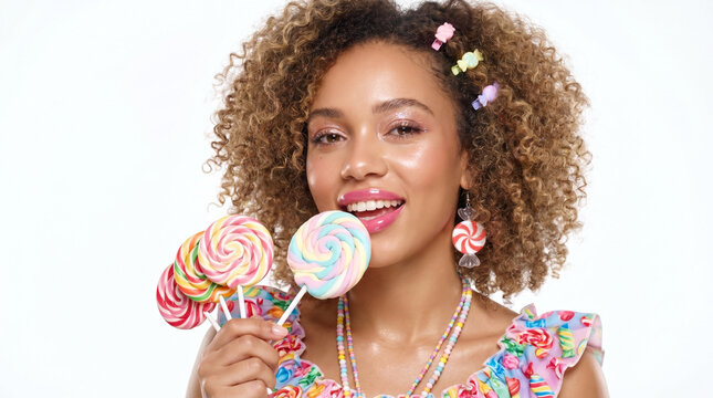 Young woman posing with pastel candy fashion and colorful lollipops