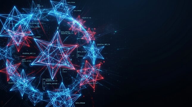 Intricate digital geometric star network featuring glowing blue and red neon lines with complex data annotations and floating nodes presented in a clean style on white background