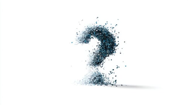 Question mark dissolving into floating pixels and digital particles, clean white background, technology and innovation concept, hyper realistic