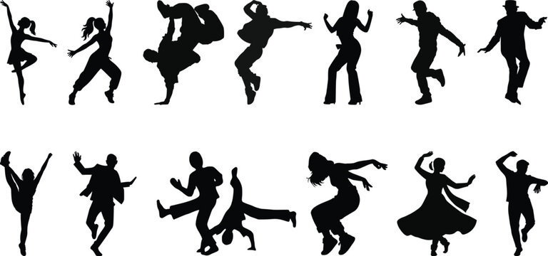 Dancing People Icon set, Trendy Dances, Tango, Twerking, Breakdance, Happy dancing people icons Modern dance class vector silhouette symbols, Disco dance lifestyle, isolated on transparent background.