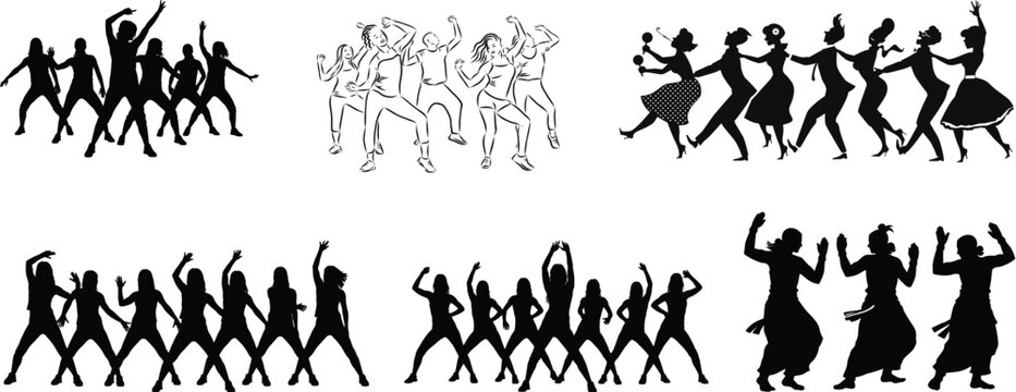Dancing People Icon set, Trendy Dances, Tango, Twerking, Breakdance, Happy dancing people icons Modern dance class vector silhouette symbols, Disco dance lifestyle, isolated on transparent background.