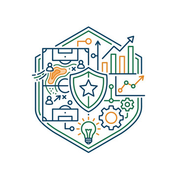 A shield protects business concepts and data with a star and gear c 46