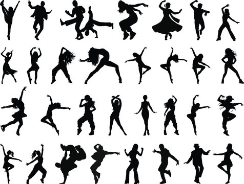 Dancing People Icon set, Trendy Dances, Tango, Twerking, Breakdance, Happy dancing people icons Modern dance class vector silhouette symbols, Disco dance lifestyle, isolated on transparent background.