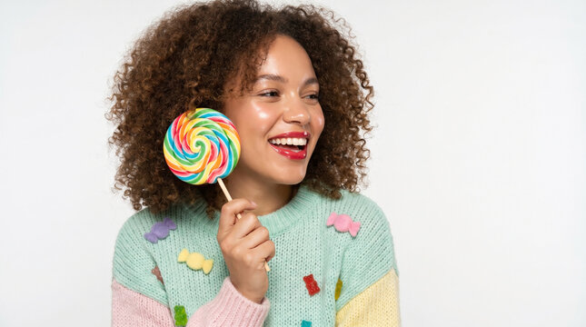 Pastel candy fashion on smiling woman with colorful lollipop
