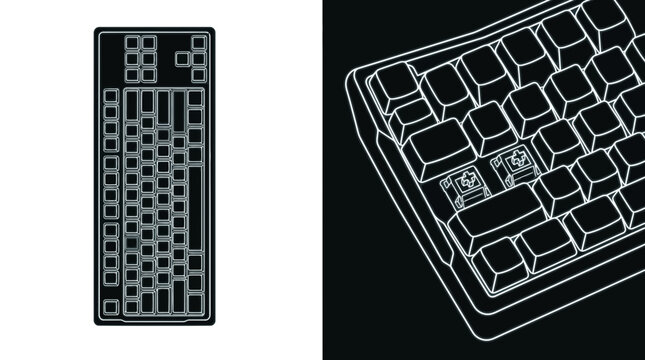 Line art illustrations of a mechanical computer keyboard showing top view and switch detail.