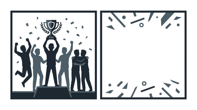 A group of people celebrating a victory by holding a trophy on a podium.