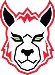 Obraz premium Dynamic stylized alpaca llama head logo with a fierce expression and glowing green eyes ideal for sports branding