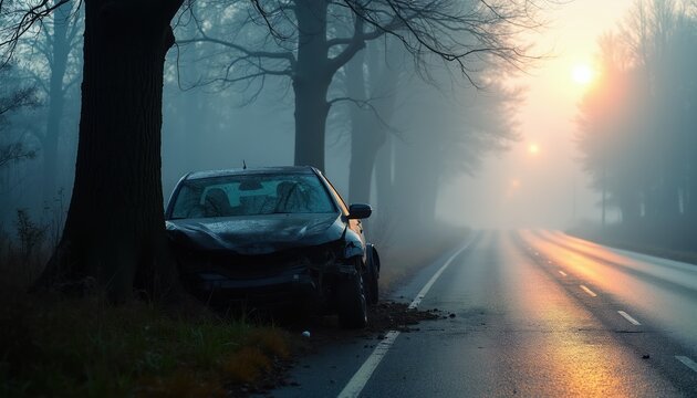Car crashes tree on foggy road at sunrise. Damaged vehicle, no occupants visible. Aftermath of accident in mist. Road safety warning, travel hazard.