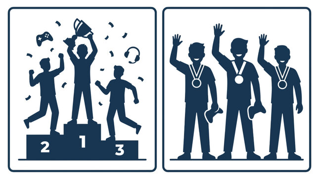 Silhouettes of esports winners celebrating on podiums and wearing medals.