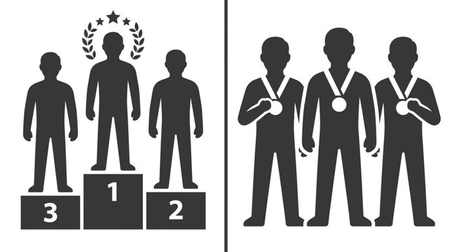 Silhouettes of winners on a podium and athletes wearing medals.