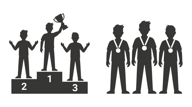 Silhouettes of winners on a podium and athletes wearing medals.