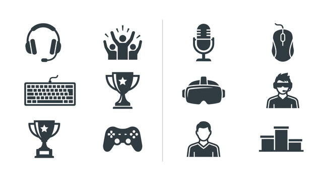 A collection of flat vector icons representing gaming and esports culture.