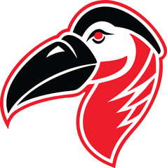 Obraz premium Dynamic toucan head design in striking red, black, and white colors, perfect for sports teams or branding