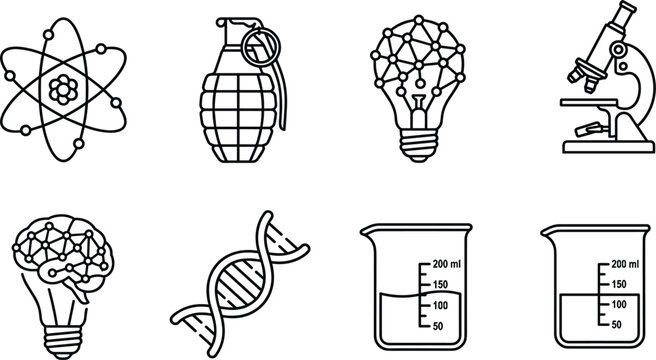 Science Laboratory and Technology Innovation Outline Icon Set with Military Hand Grenade Weapon Graphic Elements