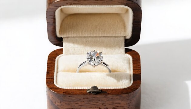 Diamond engagement ring in wooden jewelry box