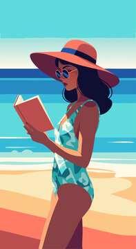 Woman reading a book on the beach vector illustration featuring a stylish traveler in a summer hat and swimsuit enjoying coastal vacation
