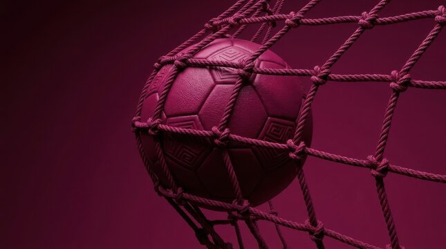 Soccer ball caught in a net on a dark purple background with a gradient effect