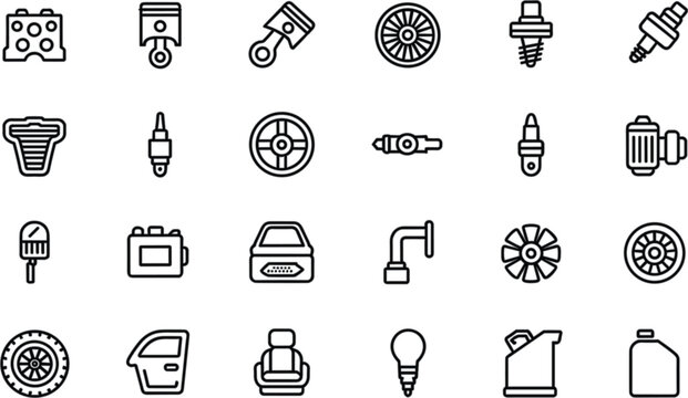 Automotive Parts Line Icons Collection Set, Car Engine Components and Vehicle Maintenance Symbols Vector Illustration
