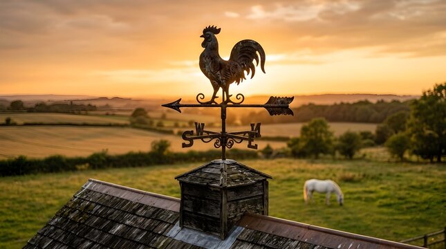 weather vane with rooster on roof rural landscape