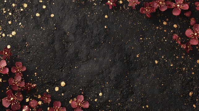 Luxury abstract background texture featuring metallic dark red cherry blossom flowers and sparkling gold glitter confetti dust particles scattered on a textured black slate stone surface.