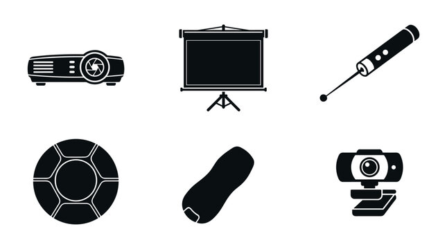 A collection of black vector icons featuring a projector, screen, laser pointer, controller, remote, and webcam. Ideal for business presentations, office UI, and professional tech themes.