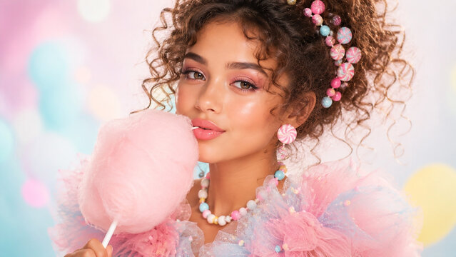 Stylish woman wearing pastel candy fashion with pink cotton candy