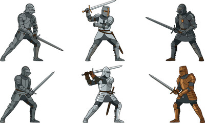 Fototapeta premium Medieval Knight Warrior Character Vector Set with Full Armor Suits Swords Helmets Templar and Crusader Soldiers for Gaming and Fantasy Designs