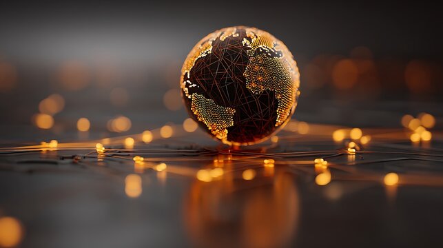 Gold metallic ball bearing on rusty metal surface with reflections