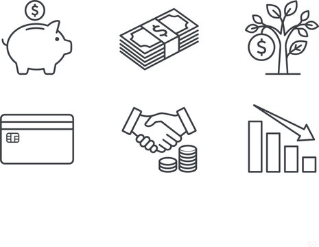 Financial Business Line Icon Set with Piggy Bank Cash Handshake and Decreasing Chart Vector Graphics