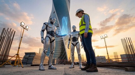 Fototapeta premium Engineer and robot presenting holographic building model at construction site photography