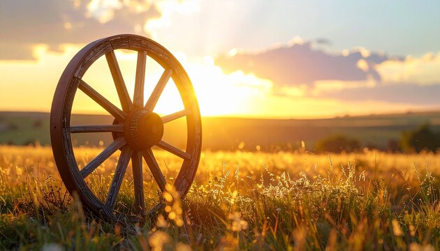 Rustic western landscape featuring an old wooden wheel in a sunlit field for Calgary Stampede