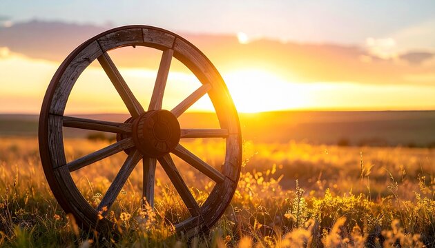 Antique pioneer wagon wheel standing on rustic grassland during a warm Calgary Stampede sunset